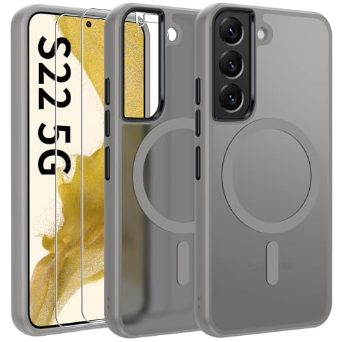 Opkiegrn Magnetisch HandyHülle Kompatibel mit Samsung Galaxy S22 Kompatibel mit MagSafe mit 2 Schutzfolie,Vollständiger Kameraschutz, Stoßfest Dünn Durchscheinende Matt SchutzHülle (Grau) von Opkiegrn
