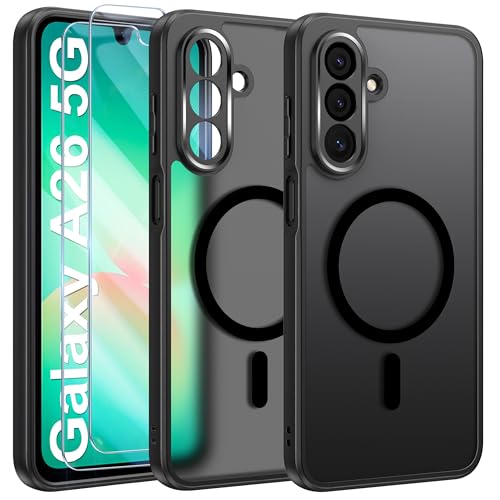 Opkiegrn Samsung Galaxy A26 5G Hülle Kompatibel mit MagSafe mit 2 Schutzfolie, [Vollständiger Kameraschutz] Handyhülle, Stoßfest Durchscheinende Matt SchutzHülle Schwarz von Opkiegrn
