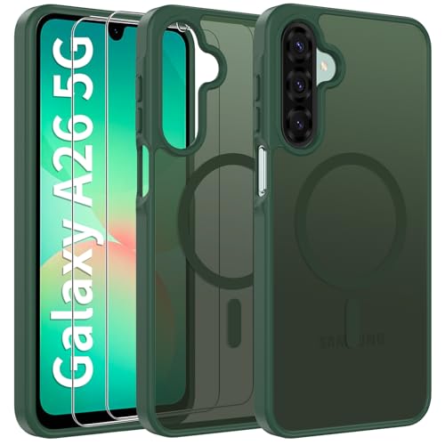 Opkiegrn Samsung Galaxy A26 5G Hülle Kompatibel mit MagSafe mit 2 Schutzfolie, [Militärnorm Schutz] Handyhülle, Stoßfest Durchscheinende Matt SchutzHülle Dunkelgrün von Opkiegrn
