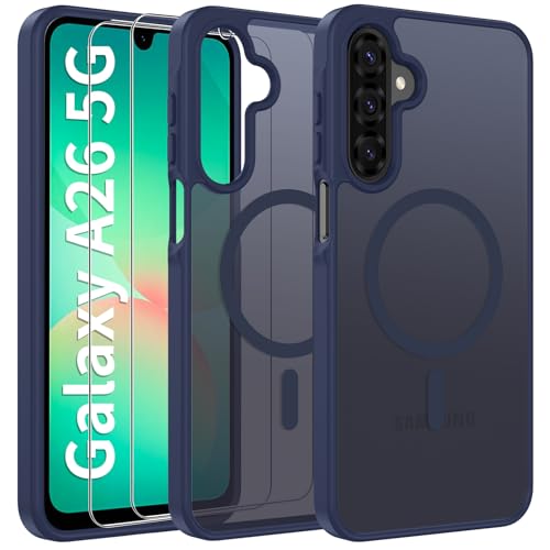 Opkiegrn Samsung Galaxy A26 5G Hülle Kompatibel mit MagSafe mit 2 Schutzfolie, [Militärnorm Schutz] Handyhülle, Stoßfest Durchscheinende Matt SchutzHülle Dunkelblau von Opkiegrn