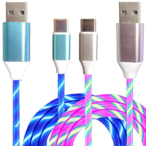 LED-USB-C-Kabel, 2,4 A, Typ C, LED-Ladekabel, 2 Packungen, schnelles USB-C-Ladegerät, kompatibel mit Samsung Galaxy S21, S20, S10, S9, S8, Note 20, LG V30, V20, G6 (1,8 m, Blau und Farbe) orful) von Opligevo