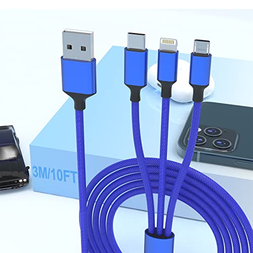 Universal 10Ft USB Multi Charging Cable, 3 in 1 Multi Charger Cable Nylon Braided iPhone Fast Charging Cord with Type-C, Micro USB and iPhone Port USB Charger Cord for Most Phones & iPhone/iPads-Blue von Opluz
