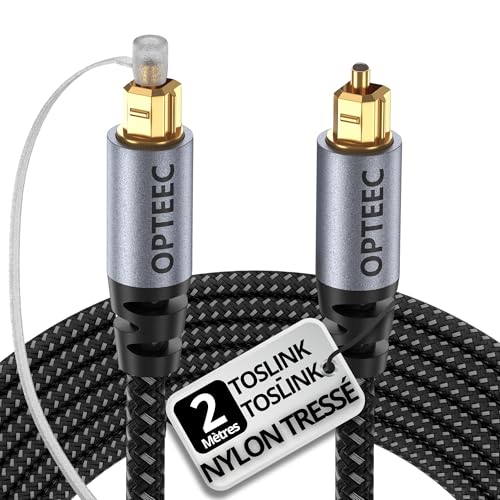 Opteec® Optisches Audiokabel – 2 m – Optisches Audiokabel Toslink für Home Cinema, Soundbar, TV, Samsung, Bose, LG, Sony, Sony, PS4, Xbox – geflochtenes Nylon, verstärkt – vergoldeter Anschluss (2 m) von Opteec
