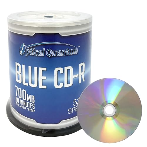 Optical Quantum Blue AZO CD-R 700MB 52X Glänzend Silber Blank beschreibbare Medien-Disc – 100 Stück Kuchenboxen, 100 Discs für Musik-, Daten- und Videoaufnahmen, beschreibbare Blanko-CDs von Optical Quantum