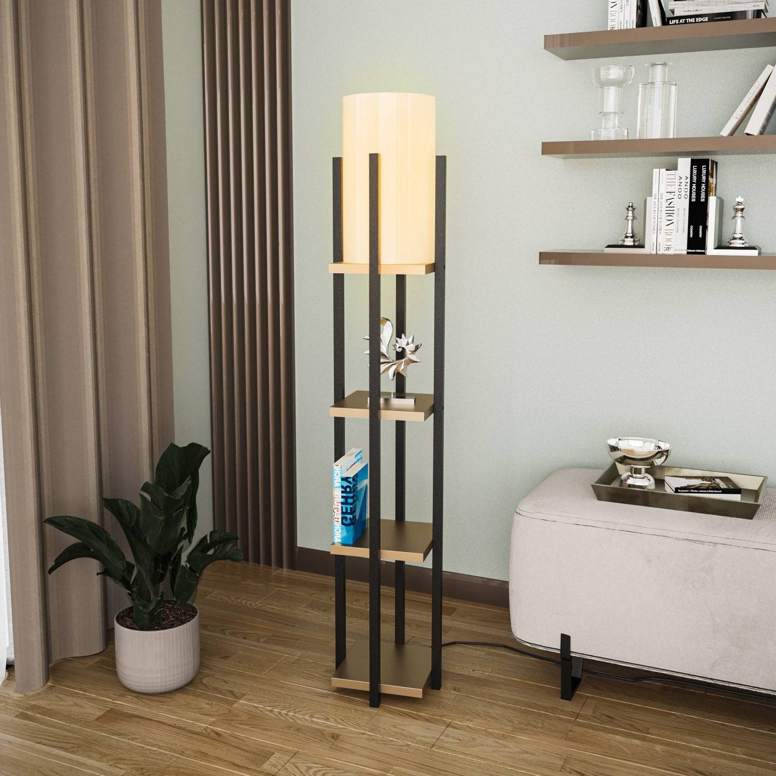 Stehlampe 8115, schwarz/gold/weiß, Metall/Canvas, Höhe 130cm Stehlampe 8115, schwarz/gold/weiß, Metall/Canvas, Höhe 130cm von Opviq
