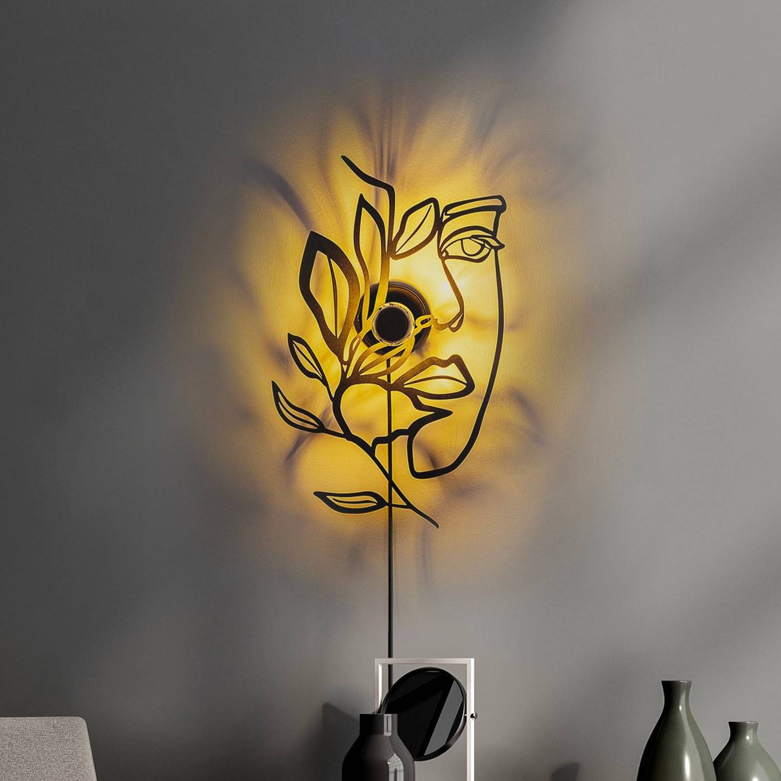 Wandlampe Flower Faced, schwarz, Metall, 54 x 34 cm, Stecker Wandlampe Flower Faced, schwarz, Metall, 54 x 34 cm, Stecker von Opviq