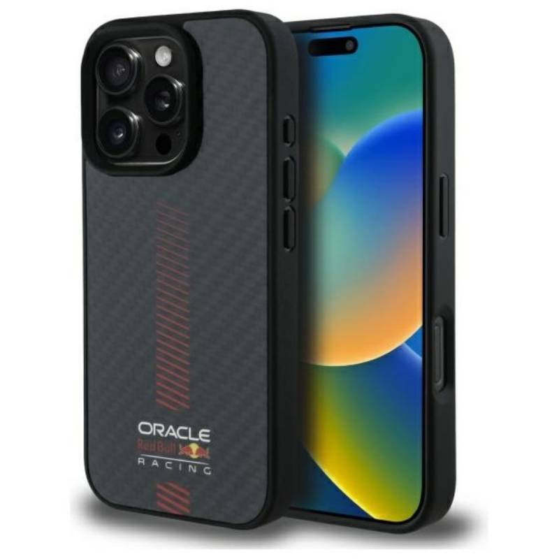 Oracle Red Bull Racing Handyhülle iPhone 16 Pro Max Carbon Look MagSafe Logo schwarz rot 6,9 Zoll, Kantenschutz von Oracle Red Bull Racing