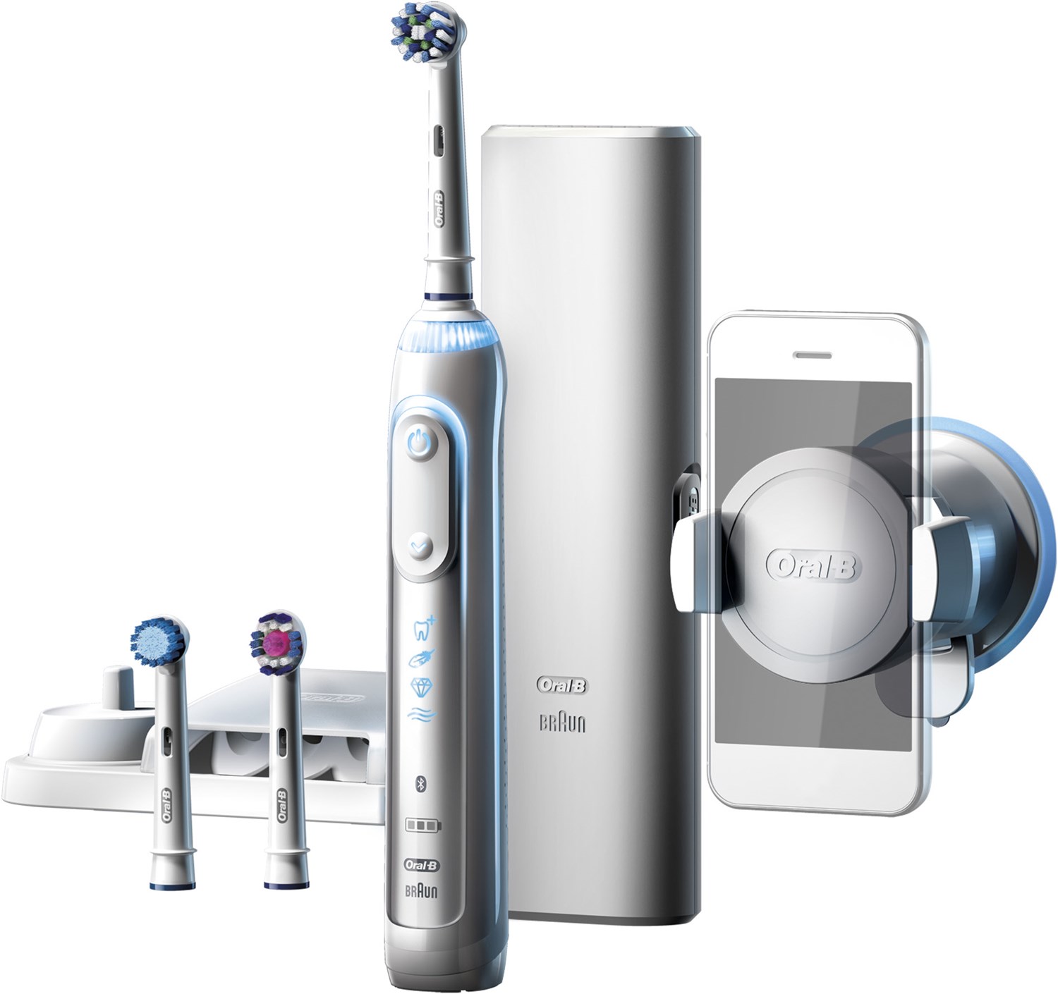 Genius 8200 Elektrische Zahnbürste + Smartphone Halter weiß/silber von Oral-B