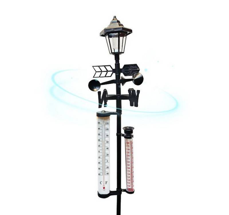 Orange-Planet Regenmesser Wetterfahne Außenthermometer Wetterstation Solar-Lampe Außenwetterstation von Orange-Planet