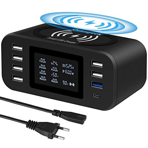 Orangeck Multi USB Ladestation, Ladegerät Mehrere Geräte mit LED Bildschirm Wireless Schnell Charger 10W Induktives Ladegerät 8 Port mit QC3.0 USB Charging Station für iPhone Samung Handy und Tablet von Orangeck