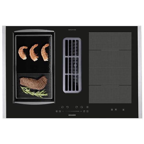Oranier Flächen-Induktionskochfeld 80 cm - großes Kochfeld mit Abluft-Umluft Kochfeldabzug & halb-gerillter Grillplatte & Edelstahl Seitenleisten von Oranier