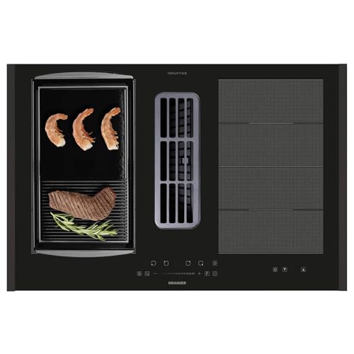Oranier Flächen-Induktionskochfeld 80 cm - großes Kochfeld mit Abluft-Umluft Kochfeldabzug & halb-gerillter Grillplatte & schwarzen Seitenleisten von Oranier