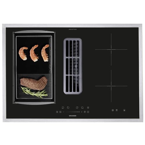 Oranier FlexX-Induktionskochfeld 80 cm mit Kochfeldabzug - großes Kochfeld mit Abluft-Umluft & Grillplatte halb-gerillt & Edelstahl Kochfeldrahmen von Oranier