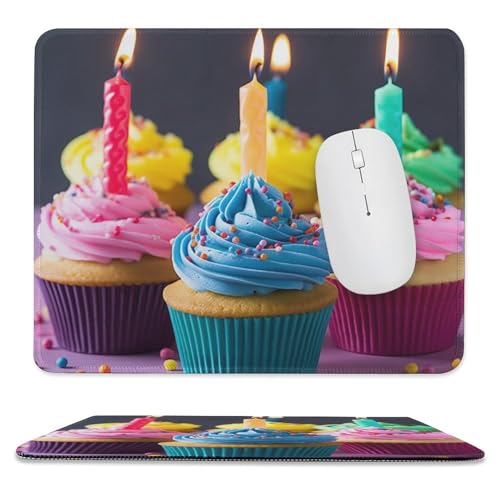 OrcoW Bunte Happy Birthday Cupcakes-Mauspad mit rutschfester Gummiunterseite, quadratisches Computer-Mauspad, komfortables Gaming-Mauspad, wasserdichtes Mauspad für Laptop, 24,6 x 30,8 cm von OrcoW