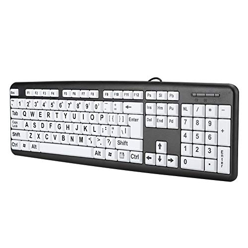 Oreilet Upgrade Black Low Visual Keyboard, 104 Tasten USB Kabel Plug and Play Old People Keyboard mit Weißen Großen Drucktasten und Langes Kabel für ältere Menschen (Black) von Oreilet