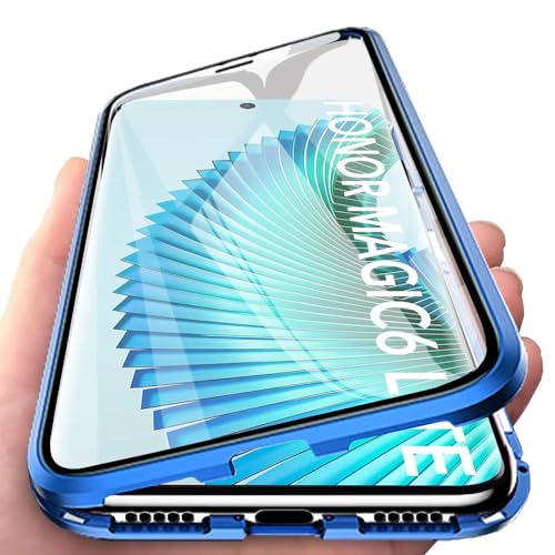 Orgsty Hülle für Honor Magic 6 Lite 5G, Magnetische Hartglas Hülle mit Vorderseite und Rückseite, Metallrahmen Case mit Eingebaut Magnet, Ultra Dünn 360 Grad Handyhülle, Blau von Orgsty