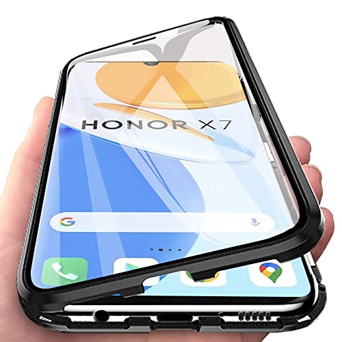 Orgsty Hülle für Honor X7, Magnetische Hartglas Hülle mit Vorderseite und Rückseite, Metallrahmen Case mit Eingebaut Magnet, Ultra Dünn 360 Grad Handyhülle, Schwarz von Orgsty