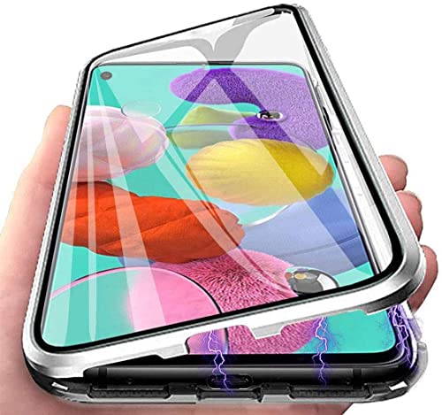 Orgsty Hülle für Oppo Reno 8 Lite 5G/ Reno 7 Lite 5G, Magnetische Hartglas Hülle mit Vorderseite und Rückseite, Metallrahmen Case mit Eingebaut Magnet, Ultra Dünn 360 Grad Handyhülle, Silber von Orgsty