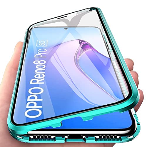 Orgsty Hülle für Oppo Reno 8 Pro 5G, Magnetische Hartglas Hülle mit Vorderseite und Rückseite, Metallrahmen Case mit Eingebaut Magnet, Ultra Dünn 360 Grad Handyhülle, Grün von Orgsty