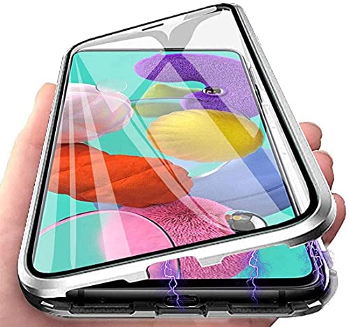 Orgsty Hülle für Samsung Galaxy A33 5G (6,4"), Magnetische Hartglas Hülle mit Vorderseite und Rückseite, Metallrahmen Case mit Eingebaut Magnet, Ultra Dünn 360 Grad Handyhülle, Silber von Orgsty