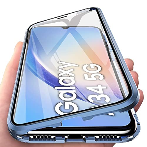 Orgsty Hülle für Samsung Galaxy A34 5G, Magnetische Hartglas Hülle mit Vorderseite und Rückseite, Metallrahmen Case mit Eingebaut Magnet, Ultra Dünn 360 Grad Handyhülle, Blau von Orgsty