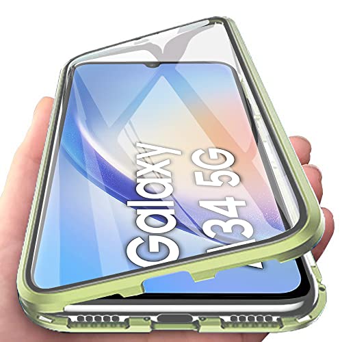 Orgsty Hülle für Samsung Galaxy A34 5G, Magnetische Hartglas Hülle mit Vorderseite und Rückseite, Metallrahmen Case mit Eingebaut Magnet, Ultra Dünn 360 Grad Handyhülle, Grün von Orgsty
