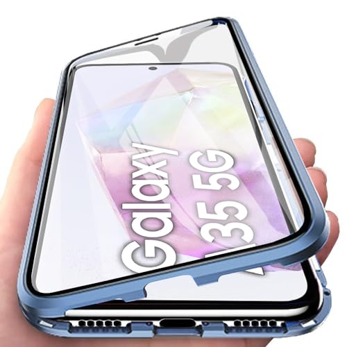 Orgsty Hülle für Samsung Galaxy A35 5G(6,6"), Magnetische Hartglas Hülle mit Vorderseite und Rückseite, Metallrahmen Case mit Eingebaut Magnet, Ultra Dünn 360 Grad Handyhülle, Blau von Orgsty