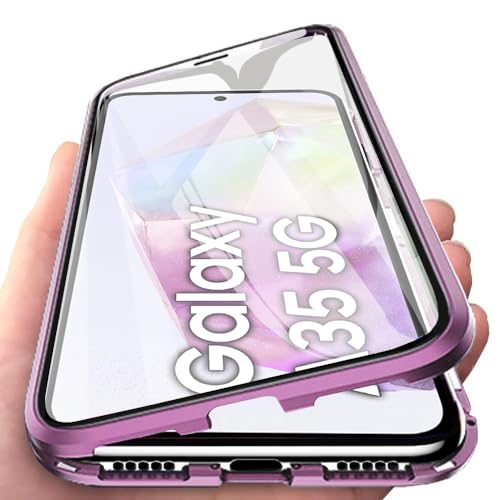 Orgsty Hülle für Samsung Galaxy A35 5G(6,6"), Magnetische Hartglas Hülle mit Vorderseite und Rückseite, Metallrahmen Case mit Eingebaut Magnet, Ultra Dünn 360 Grad Handyhülle, Lila von Orgsty