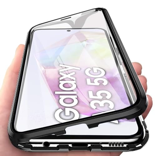 Orgsty Hülle für Samsung Galaxy A35 5G(6,6"), Magnetische Hartglas Hülle mit Vorderseite und Rückseite, Metallrahmen Case mit Eingebaut Magnet, Ultra Dünn 360 Grad Handyhülle, Schwarz von Orgsty