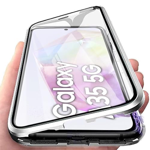Orgsty Hülle für Samsung Galaxy A35 5G(6,6"), Magnetische Hartglas Hülle mit Vorderseite und Rückseite, Metallrahmen Case mit Eingebaut Magnet, Ultra Dünn 360 Grad Handyhülle, Silber von Orgsty