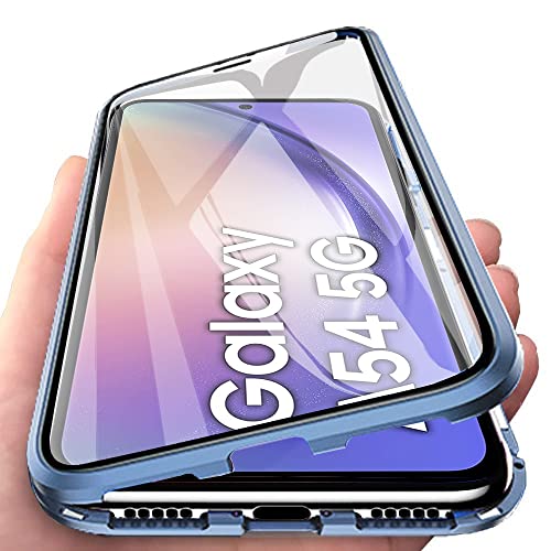 Orgsty Hülle für Samsung Galaxy A54 5G, Magnetische Hartglas Hülle mit Vorderseite und Rückseite, Metallrahmen Case mit Eingebaut Magnet, Ultra Dünn 360 Grad Handyhülle, Blau von Orgsty