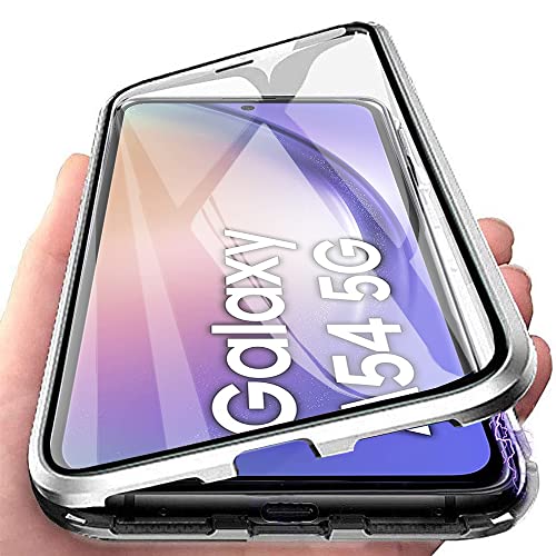 Orgsty Hülle für Samsung Galaxy A54 5G, Magnetische Hartglas Hülle mit Vorderseite und Rückseite, Metallrahmen Case mit Eingebaut Magnet, Ultra Dünn 360 Grad Handyhülle, Silber von Orgsty