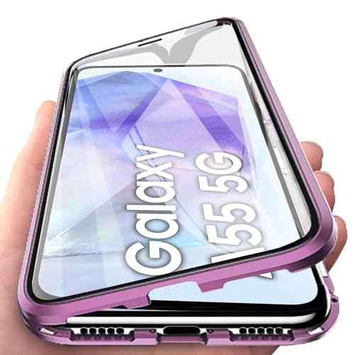 Orgsty Hülle für Samsung Galaxy A55 5G(6,6"), Magnetische Hartglas Hülle mit Vorderseite und Rückseite, Metallrahmen Case mit Eingebaut Magnet, Ultra Dünn 360 Grad Handyhülle, Lila von Orgsty