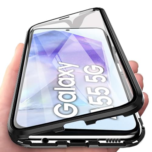 Orgsty Hülle für Samsung Galaxy A55 5G(6,6"), Magnetische Hartglas Hülle mit Vorderseite und Rückseite, Metallrahmen Case mit Eingebaut Magnet, Ultra Dünn 360 Grad Handyhülle, Schwarz von Orgsty