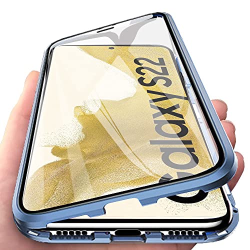Orgsty Hülle für Samsung Galaxy S22 5G, Magnetische Hartglas Hülle mit Vorderseite und Rückseite, Metallrahmen Case mit Eingebaut Magnet, Ultra Dünn 360 Grad Handyhülle, Blau von Orgsty