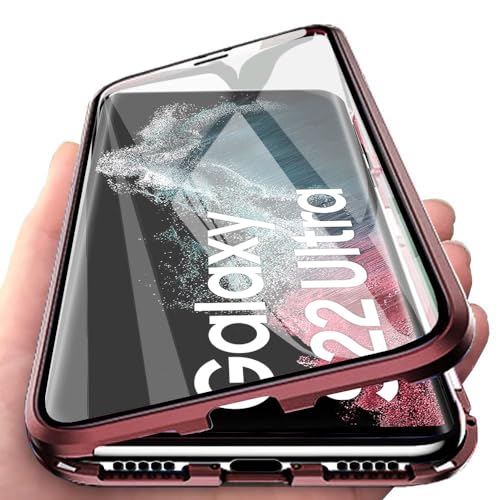 Orgsty Hülle für Samsung Galaxy S22 Ultra 5G, Magnetische Hartglas Hülle mit Vorderseite und Rückseite, Metallrahmen Case mit Eingebaut Magnet, Ultra Dünn 360 Grad Handyhülle, Burgundy von Orgsty