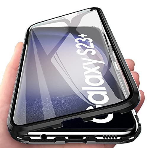 Orgsty Hülle für Samsung Galaxy S23+ / S23 Plus, Magnetische Hartglas Hülle mit Vorderseite und Rückseite, Metallrahmen Case mit Eingebaut Magnet, Ultra Dünn 360 Grad Handyhülle, Schwarz von Orgsty