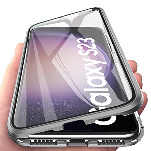 Orgsty Hülle für Samsung Galaxy S23, Magnetische Hartglas Hülle mit Vorderseite und Rückseite, Metallrahmen Case mit Eingebaut Magnet, Ultra Dünn 360 Grad Handyhülle, Grau von Orgsty