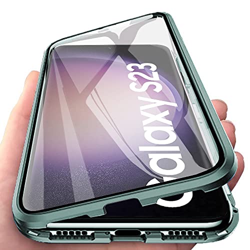 Orgsty Hülle für Samsung Galaxy S23, Magnetische Hartglas Hülle mit Vorderseite und Rückseite, Metallrahmen Case mit Eingebaut Magnet, Ultra Dünn 360 Grad Handyhülle, Grün von Orgsty
