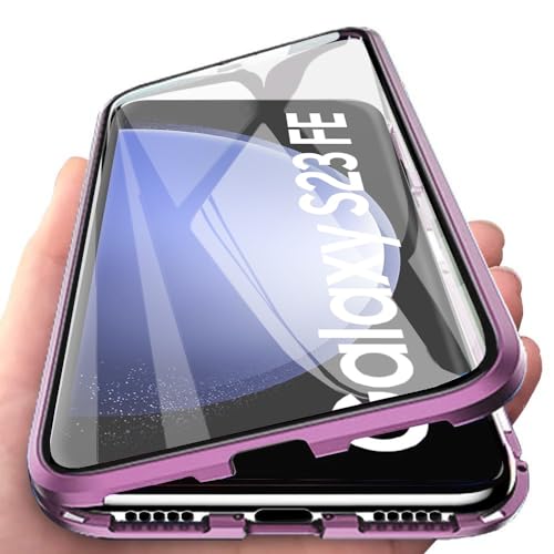 Orgsty Hülle für Samsung Galaxy S23 FE, Magnetische Hartglas Hülle mit Vorderseite und Rückseite, Metallrahmen Case mit Eingebaut Magnet, Ultra Dünn 360 Grad Handyhülle, Lila von Orgsty
