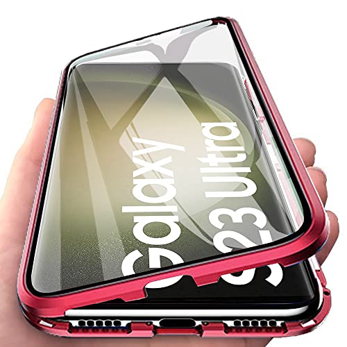 Orgsty Hülle für Samsung Galaxy S23 Ultra, Magnetische Hartglas Hülle mit Vorderseite und Rückseite, Metallrahmen Case mit Eingebaut Magnet, Ultra Dünn 360 Grad Handyhülle, Rot von Orgsty