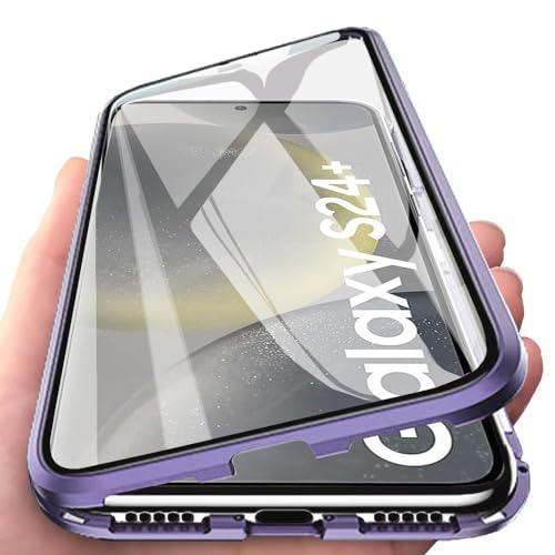 Orgsty Hülle für Samsung Galaxy S24 Plus, Magnetische Hartglas Hülle mit Vorderseite und Rückseite, Metallrahmen Case mit Eingebaut Magnet, Ultra Dünn 360 Grad Handyhülle, Lila von Orgsty