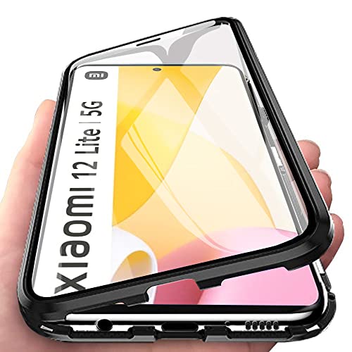 Orgsty Hülle für Xiaomi 12 Lite (6.55"), Magnetische Hartglas Hülle mit Vorderseite und Rückseite, Metallrahmen Case mit Eingebaut Magnet, Ultra Dünn 360 Grad Handyhülle, Schwarz von Orgsty