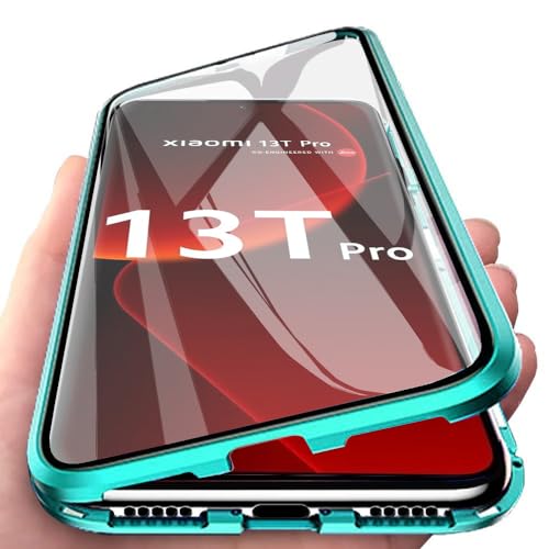 Orgsty Hülle für Xiaomi 13T / 13T Pro 5G, Magnetische Hartglas Hülle mit Vorderseite und Rückseite, Metallrahmen Case mit Eingebaut Magnet, Ultra Dünn 360 Grad Handyhülle, Grün von Orgsty