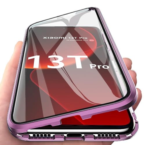Orgsty Hülle für Xiaomi 13T / 13T Pro 5G, Magnetische Hartglas Hülle mit Vorderseite und Rückseite, Metallrahmen Case mit Eingebaut Magnet, Ultra Dünn 360 Grad Handyhülle, Lila von Orgsty