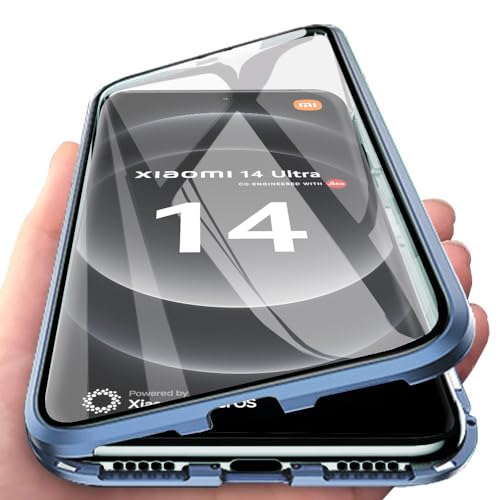 Orgsty Hülle für Xiaomi 14 Ultra, Magnetische Hartglas Hülle mit Vorderseite und Rückseite, Metallrahmen Case mit Eingebaut Magnet, Ultra Dünn 360 Grad Handyhülle, Blau von Orgsty