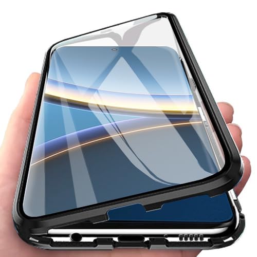 Orgsty Hülle für Xiaomi Poco F7 Pro, Magnetische Hartglas Hülle mit Vorderseite und Rückseite, Metallrahmen Case mit Eingebaut Magnet, Ultra Dünn 360 Grad Handyhülle, Schwarz von Orgsty