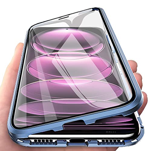 Orgsty Hülle für Xiaomi Redmi Note 12 Pro +, Magnetische Hartglas Hülle mit Vorderseite und Rückseite, Metallrahmen Case mit Eingebaut Magnet, Ultra Dünn 360 Grad Handyhülle, Blau von Orgsty