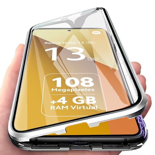 Orgsty Hülle für Xiaomi Redmi Note 13 5G, Magnetische Hartglas Hülle mit Vorderseite und Rückseite, Metallrahmen Case mit Eingebaut Magnet, Ultra Dünn 360 Grad Handyhülle, Silber von Orgsty