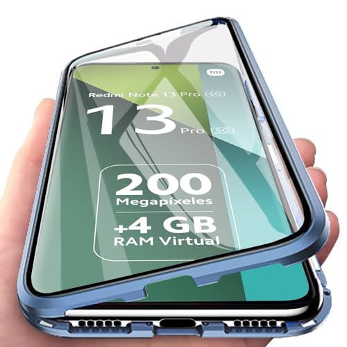 Orgsty Hülle für Xiaomi Redmi Note 13 Pro 5G, Magnetische Hartglas Hülle mit Vorderseite und Rückseite, Metallrahmen Case mit Eingebaut Magnet, Ultra Dünn 360 Grad Handyhülle, Blau von Orgsty